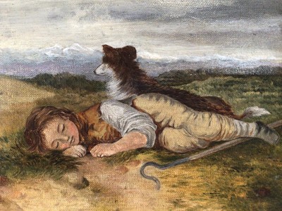 Lot 3 - English School, late 19th century, oil on canvas - Resting Shepherd, initialled and dated '81, 19cm x 22cm, in gilt frame