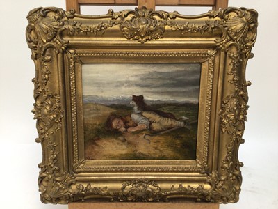 Lot 3 - English School, late 19th century, oil on canvas - Resting Shepherd, initialled and dated '81, 19cm x 22cm, in gilt frame
