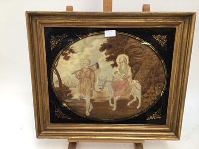 Lot 5 - 19th century tapestry panel depicting figures at a well, 60cm x 48cm, in 19th century gilt frame, two further tapestry pictures depicting romantic couples, Georgian silk and woolwork oval panel, a...