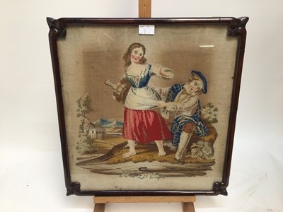 Lot 5 - 19th century tapestry panel depicting figures at a well, 60cm x 48cm, in 19th century gilt frame, two further tapestry pictures depicting romantic couples, Georgian silk and woolwork oval panel, a...