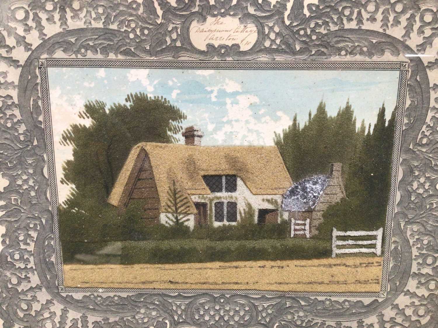 Lot 11 - 19th century sand picture entitled 'The Dairymans Cottage...', in original decorative mount and glazed rosewood frame, 23cm x 27cm overall