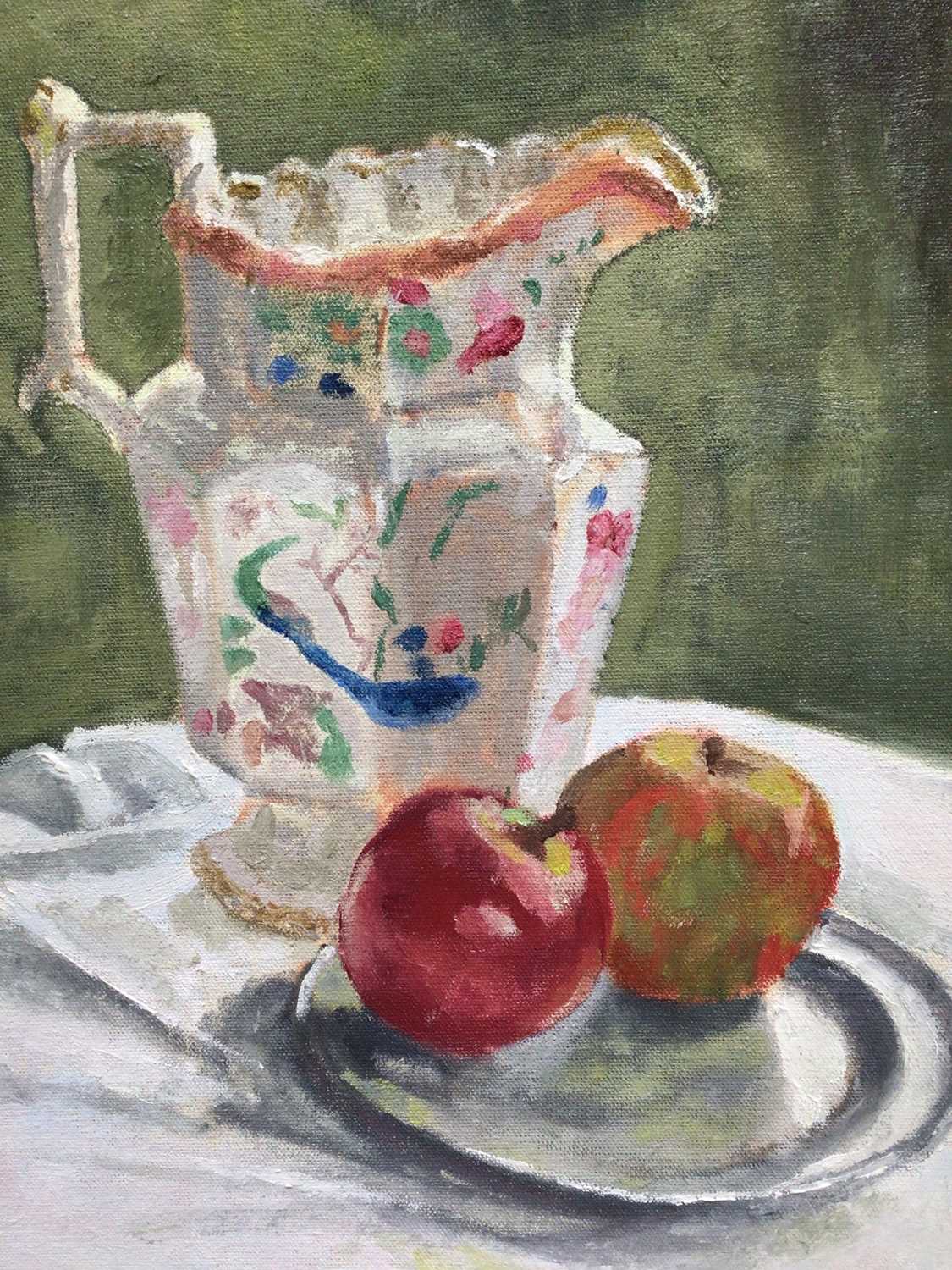 Lot 13 - Ian Roner, pair of contemporary oils on board - still life of teapot, jug and apples, signed, 29cm x 24cm, in painted frames
