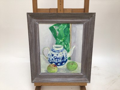 Lot 13 - Ian Roner, pair of contemporary oils on board - still life of teapot, jug and apples, signed, 29cm x 24cm, in painted frames