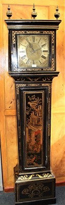 Lot 675 - 18th century 30 hour long case clock in chinoiserie decorated black lacquered case