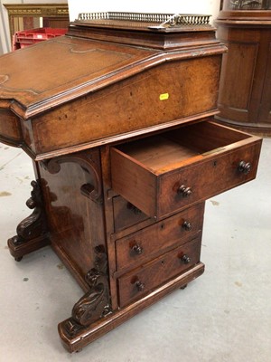 Lot 850 - Good quality Victorian inlaid burr walnut veneered Davenport with stationery compartment with brass gallery, shaped front, carved scroll brackets and four drawers