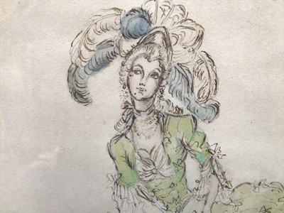 Lot 27 - Rex John Whistler (1905-1944) pen, ink and watercolour - Lady in 18th Century Costume, 21cm x 17.5cm, in glazed frame