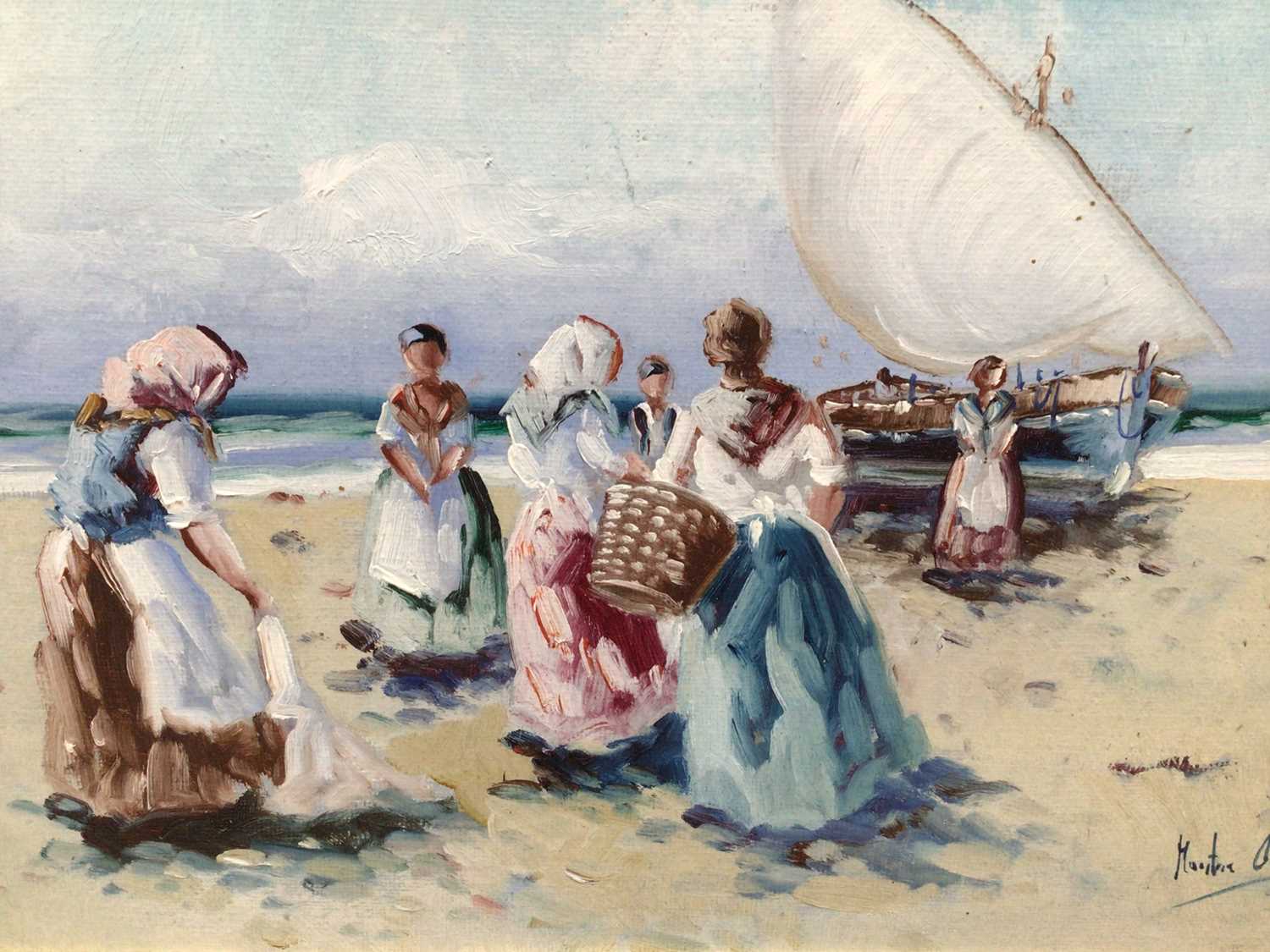 Lot 23 - French School, 20th century, oil on canvas - fisherfolk on the shore, indistinctly signed, 18cm x 32cm, in gilt frame