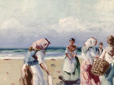 Lot 23 - French School, 20th century, oil on canvas - fisherfolk on the shore, indistinctly signed, 18cm x 32cm, in gilt frame