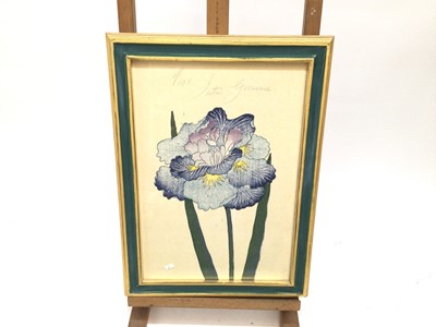 Lot 28 - Set of six 19th century Japanese woodblocks depicting Irises, five inscribed in pencil, 37cm x 25.5cm, in decorative gilt and painted frames
