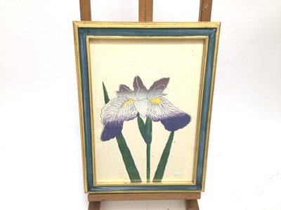 Lot 28 - Set of six 19th century Japanese woodblocks depicting Irises, five inscribed in pencil, 37cm x 25.5cm, in decorative gilt and painted frames