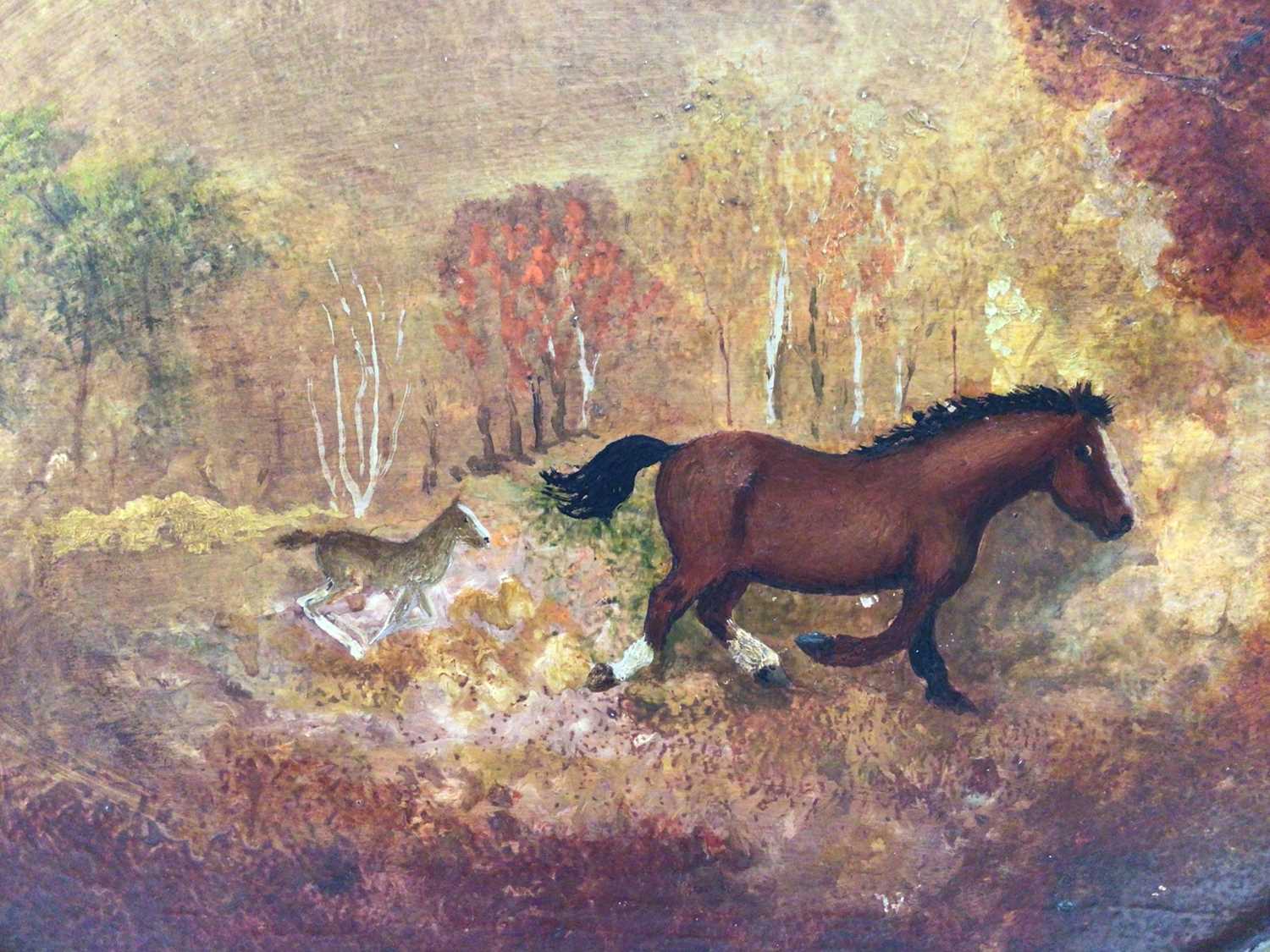 Lot 22 - Early/Mid 20th century Naive oval oil on board - mare and foal in landscape, 28cm x 38cm, framed