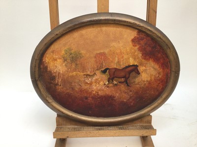 Lot 22 - Early/Mid 20th century Naive oval oil on board - mare and foal in landscape, 28cm x 38cm, framed