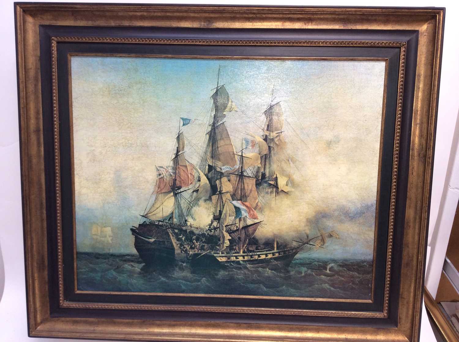 Lot 32 - Large decorative print on canvas - A Sea Battle, in gilt frame, 84cm x 99cm