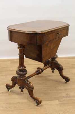 Lot 1431 - Victorian inlaid burr walnut veneered needlework table with quarter-veneered inlaid burr walnut top, fitted drawer and needlework well below on carved and turned end standards joined by stretcher,...