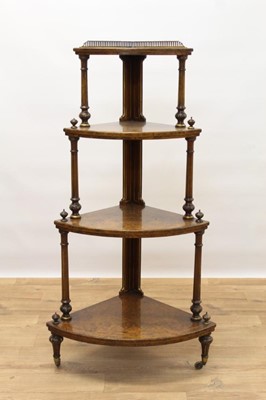 Lot 1432 - Good quality Victorian inlaid burr walnut veneered and parcel gilt bow front four tier corner whatnot with pierced brass gallery, carved and fluted turned supports on original brass casters