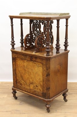 Lot 1430 - Victorian inlaid burr walnut veneered Canterbury with pierced brass galleried top, pierced divisions and turned supports and cupboard below enclosed by panelled fall front, on turned feet with orig...