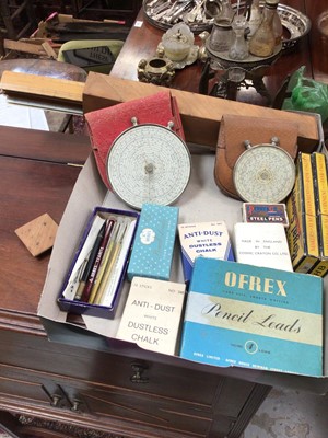 Lot 482 - Two Fowler's calculators in leather cases, together with a quantity of pencils, nibs and a box of wooden rulers