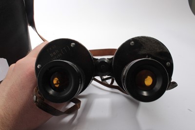 Lot 759 - Pair of Second World War Nazi Kreigsmarine Binoculars, marked 7 x 50, beh, 385499 (T), KF, M, 33153, N (binoculars de-nazified), in leather case stamped E. Leitz Wetzlar, 1940 and named to Brucke....