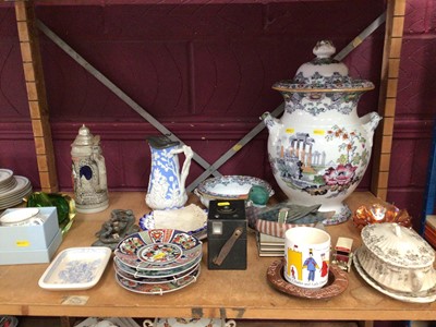 Lot 511 - Cleopatra urn with lid and bowl, commerative Royal mugs, German stein, sundry china, brass letterbox, Brownie camera and painted wooden mallard duck