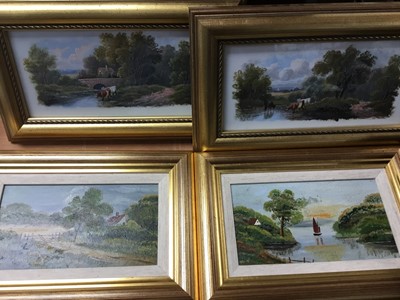 Lot 339 - Two early 20th century oil on board studies by E.A. Kill together with two early 20th century studies of cattle watering, painted on tiles (4)