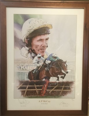 Lot 254 - Horse Racing interest- signed limited edition printed by Gary Keane of A. P. McCoy, no. 88 / 350, signed by the artist and Tony McCoy, in glazed frame