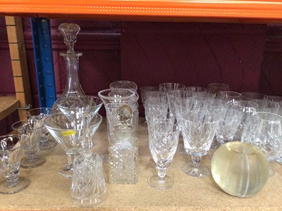 Lot 514 - Selection of cut glass, decanter, storage jars, bell and plain liquor glasses plus match striker