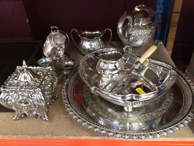 Lot 515 - Selection of plated tea ware, circular tray, pewter measures and various cutlery boxes and flatware