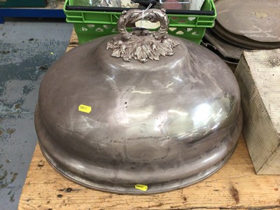 Lot 10 - Large Victorian Sheffield Plate meat dome with silver let-in, scrollwork handle, 51cm across