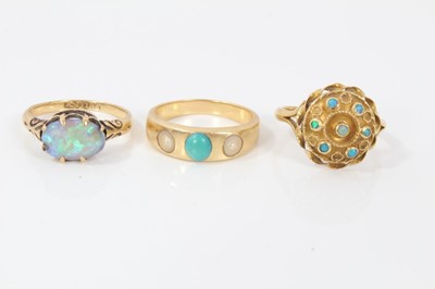 Lot 493 - Opal single stone ring, Victorian turquoise and split pearl ring, and an 18ct gold opal cluster ring