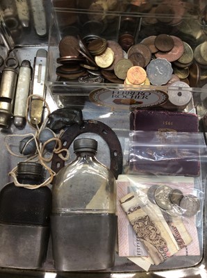 Lot 653 - Group mixed coins and banknotes including some pre 47 silver coins, two small hipflasks, fruitknives and old whistle