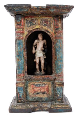 Lot 742 - 18th / 19th century Continental polychrome painted deity figure of Saint Sebastian, presented in portable shrine.
