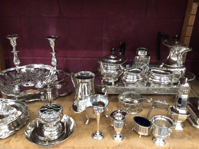 Lot 528 - Selection of plated tea ware, sauce boat, sugar sifter, crusts and condiments, plus galleried tray and others