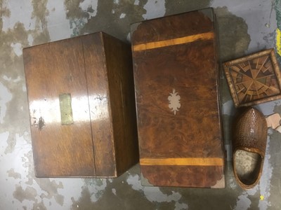 Lot 341 - Victorian burr walnut writing slope with brass corners, together with an oak silver transit box, other items .