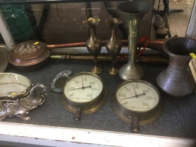 Lot 334 - Italian micromosiac photograph frame, together with a copper warming pan, silver plated cutlery, brass ware and sundries