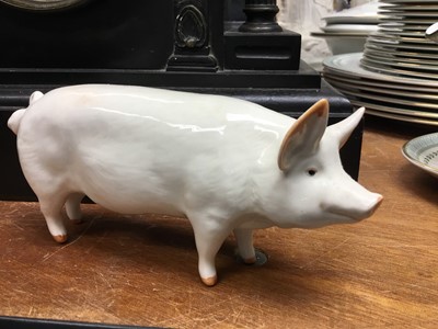 Lot 347 - Beswick Champion Wall Boy, other pig ornaments, decorative ceramics, Royal Doulton dinnerware, various glassware and Harrods canvas box