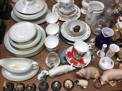 Lot 347 - Beswick Champion Wall Boy, other pig ornaments, decorative ceramics, Royal Doulton dinnerware, various glassware and Harrods canvas box