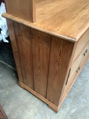 Lot 964 - Antique pine two height kitchen dresser with shelves above and two short and two long drawers