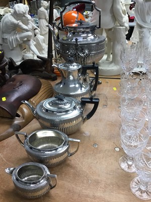 Lot 343 - Good quality Victorian plated tea set, including kettle on burner stand, four further pieces