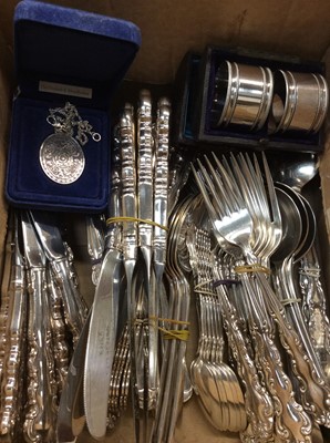 Lot 745 - Silver jubilee pendant, pair cased napkin rings and service of plated cutlery