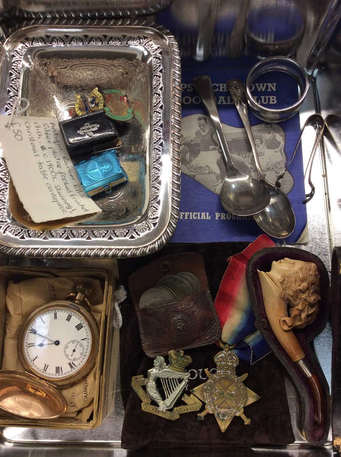 Lot 681 - Box of sundry items, including a Waltham gold plated pocket watch, Meerschaum pipe, silver items, military badges, etc