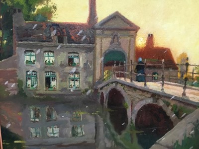 Lot 69 - Charles Lebon, (Belgian, 1906-1957), oil on board, A Canal in Bruges at Sunset, in gilt frame