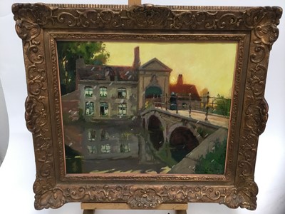 Lot 69 - Charles Lebon, (Belgian, 1906-1957), oil on board, A Canal in Bruges at Sunset, in gilt frame