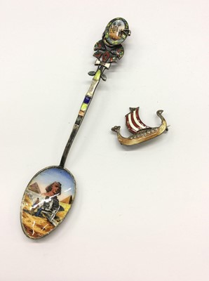 Lot 682 - White metal and enamel Egyptian souvenir spoon and sailing boat brooch