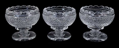 Lot 251 - Trio of good quality Waterford glass pedestal bowls, each with fan cut rims, hob-nail cut bodies and circular pedestal bases fan cut to the underside, each marked, 13cm high x 14cm diameter