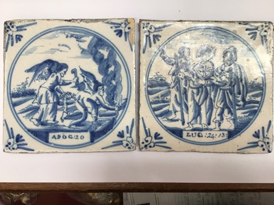 Lot 574 - Two 18th century blue and white Delftware tiles painted with biblical scenes