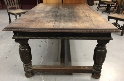 Lot 863 - Late Victorian carved oak refectory style table on large bulbous turned legs H70, W186, D117cm together with a set of six oak dining chairs including two carvers and four standards