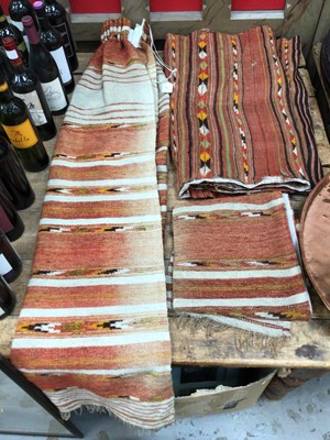 Lot 30 - Qilim rug, pair of curtains and a further piece of fabric