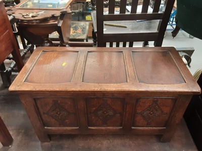 Lot 872 - Small 17th century style carved and panelled oak coffer