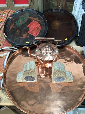 Lot 31 - Sundry items, including a Victorian copper kettle and tray, a Japanese lacquered tray, an Edwardian galleried tray with inlaid shell, and a pair of bookends made with stone from the Houses of Parli...