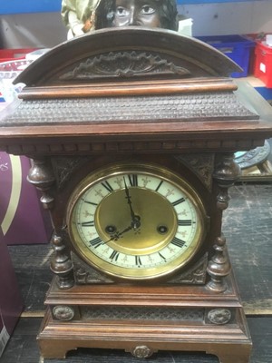 Lot 163 - Walnut mantel clock together with Edwardian mantel clock and candlestick telephone